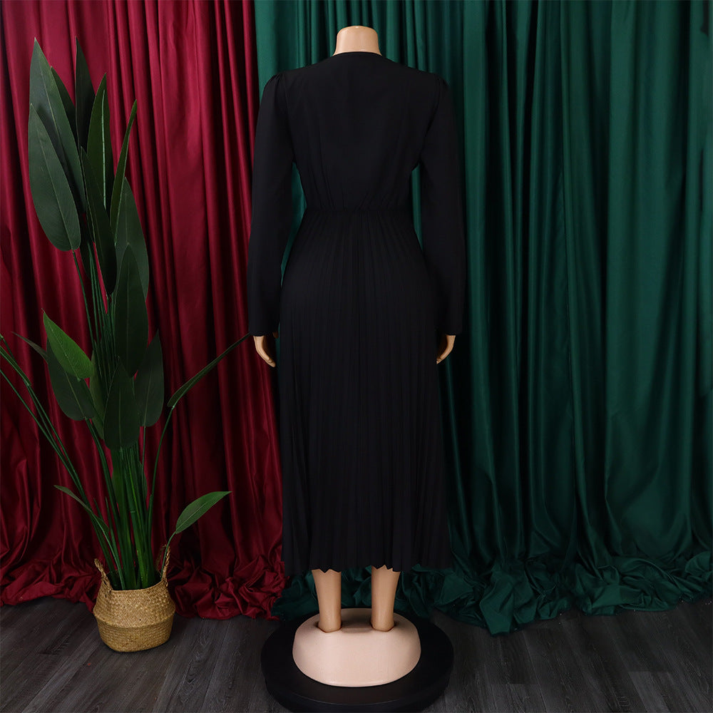 V-Neck Chic Elegant Slim Waist Belted Pleated High Waist Plus Size Dress 33