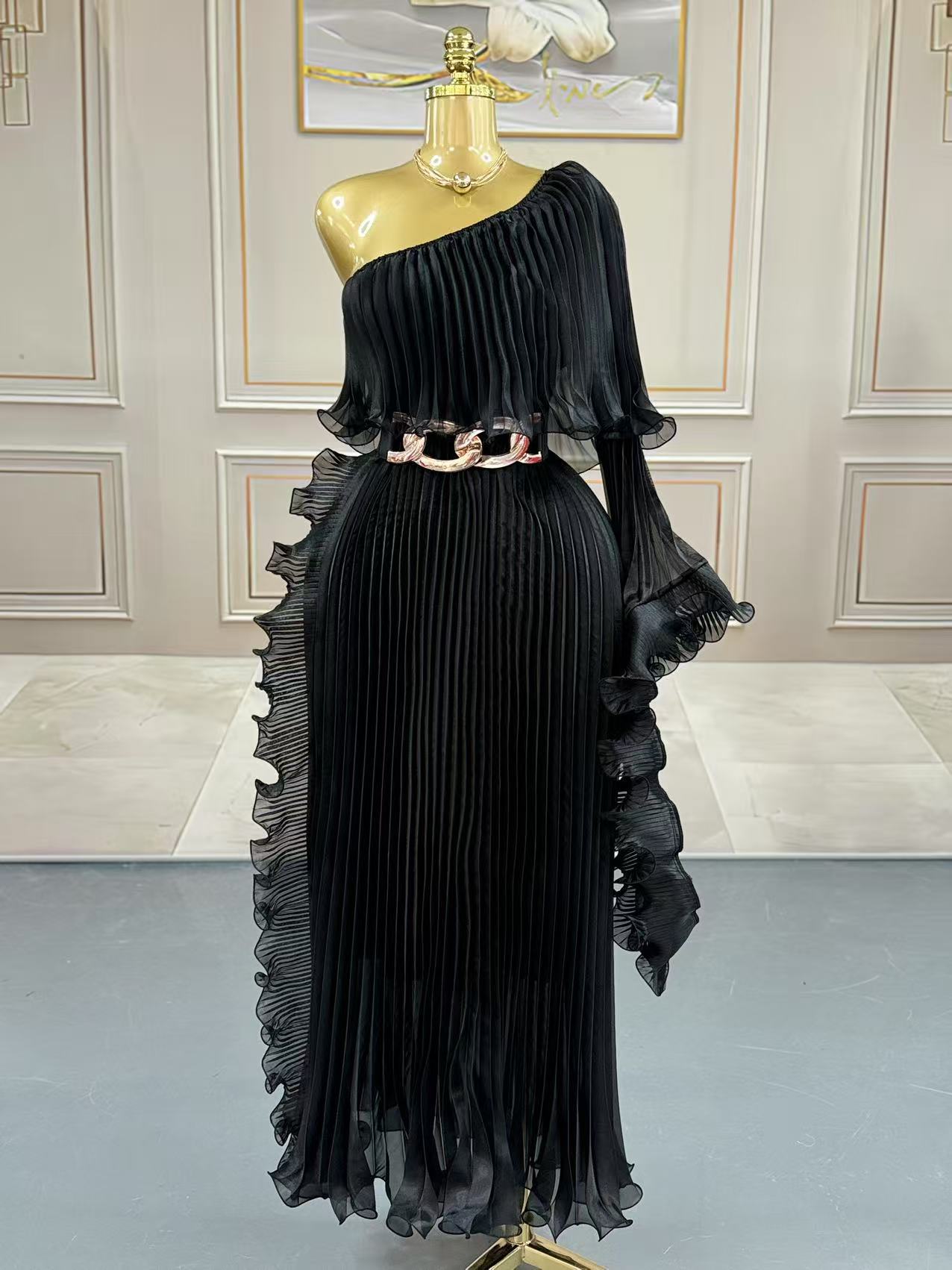 Plus Size Women African Elegant Long Sleeve Pleated Dress 5