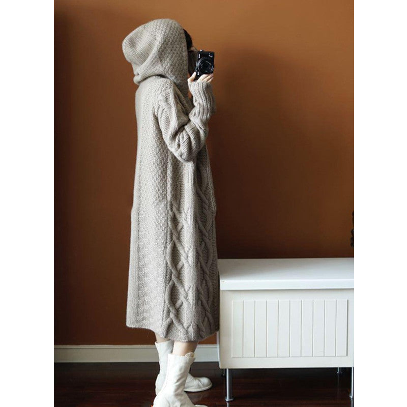 Women Long Loose Cardigan Hooded Twisted Sweater Coat 5