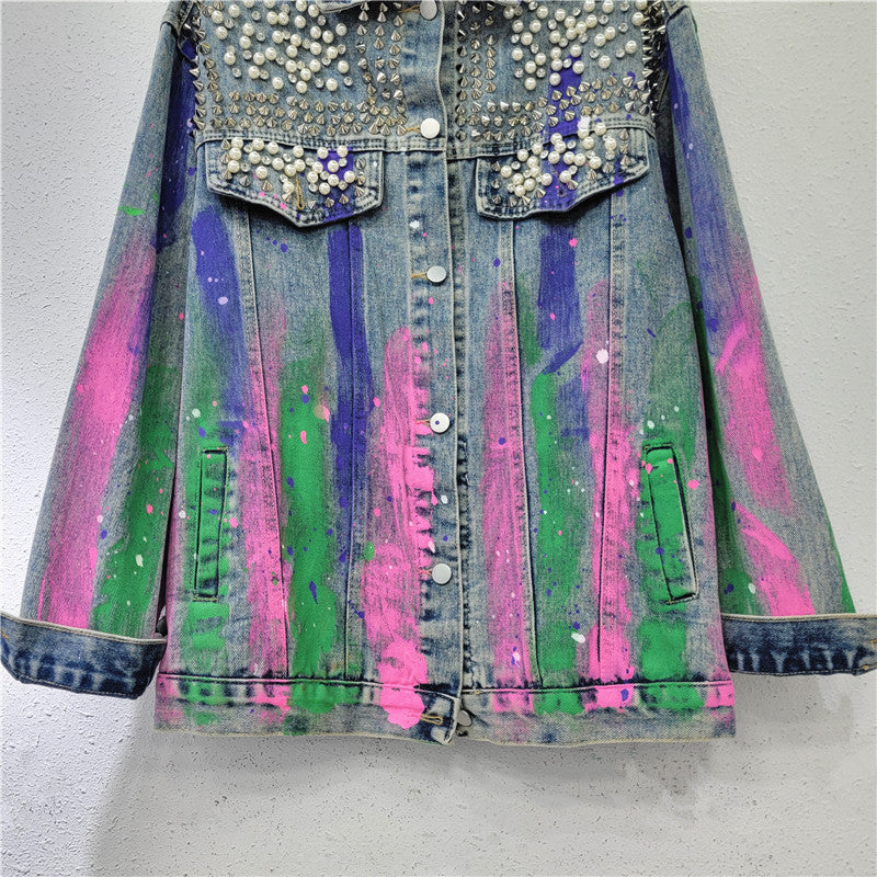 Women Spring Loose Diamond Trendy Hand-Painted Denim Jacket 4