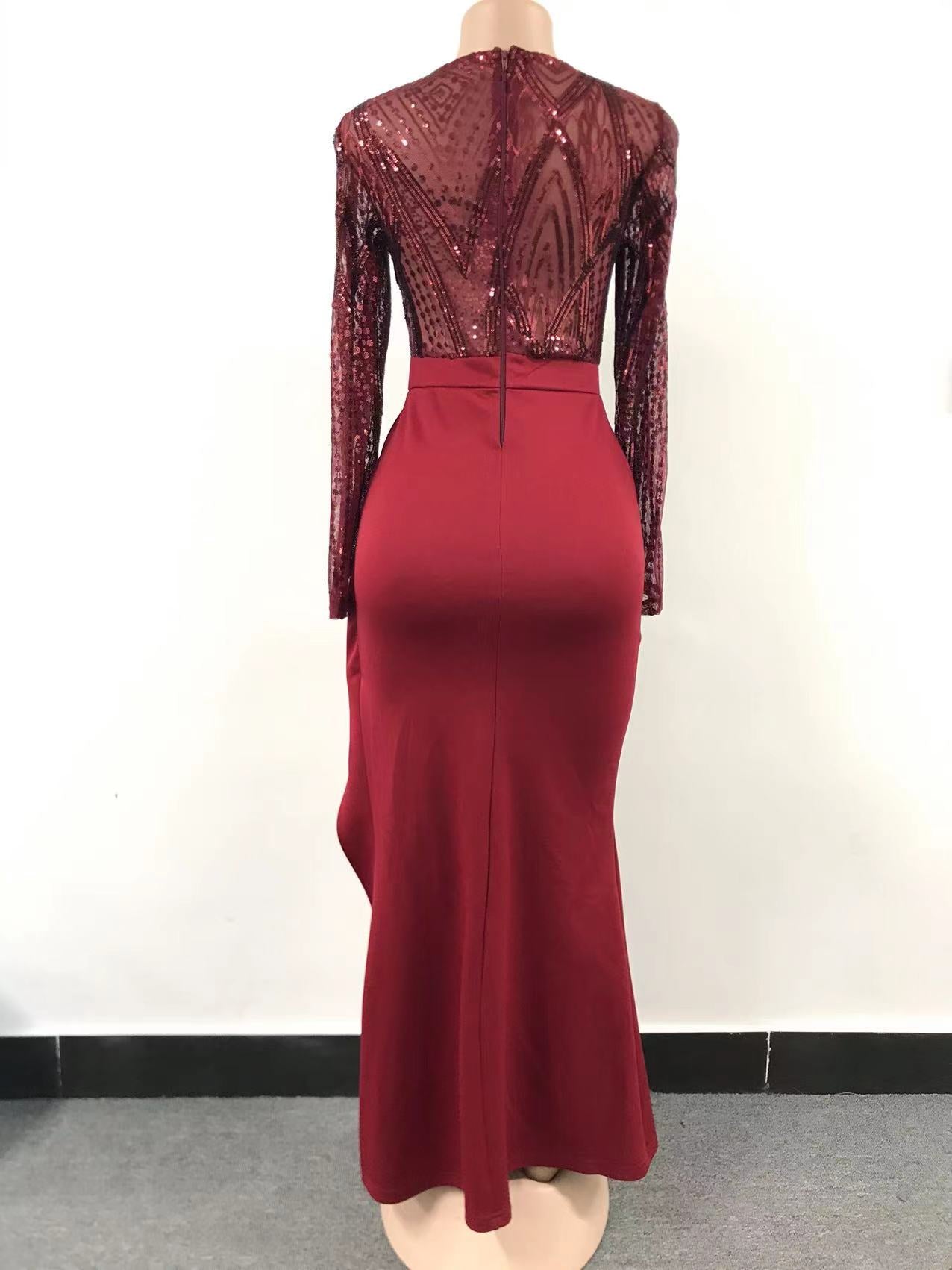 Women Elegant Long Sleeves Sequins Slit Evening Dress 20