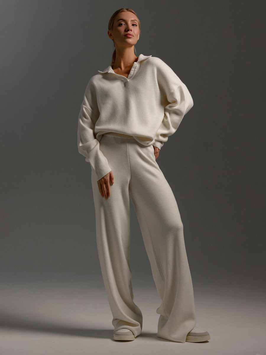 Solid Color Turndown Collar Knitting Sweater Straight Wide-Leg Pants Two-Piece Set 5