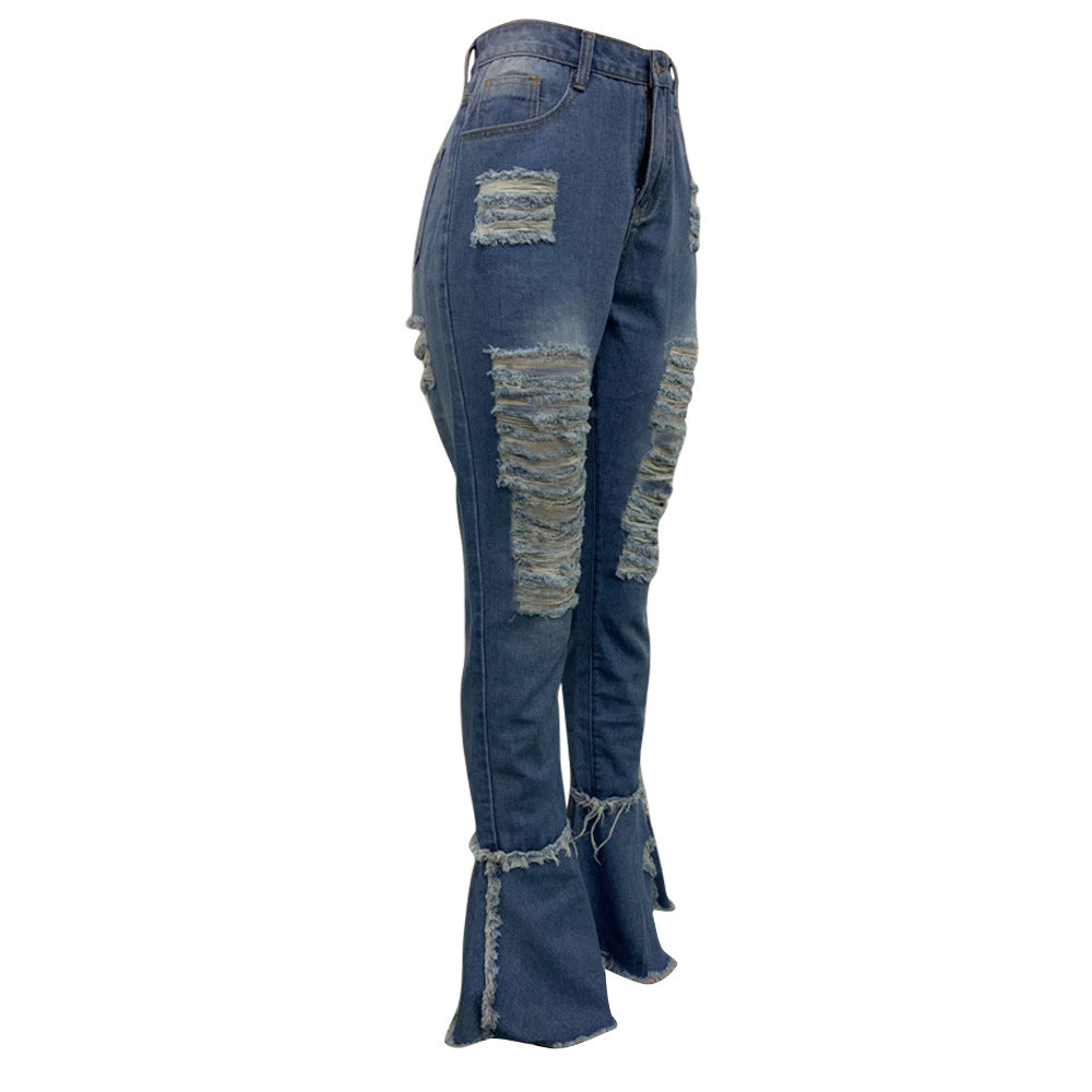 Women's Fringed Ripped Classic Denim Ruffle Trouser 30