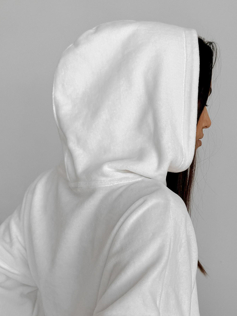 Women Autumn and Winter White Casual knitting velvet Hooded Long Sleeve Top and Pants Two Piece Set 5