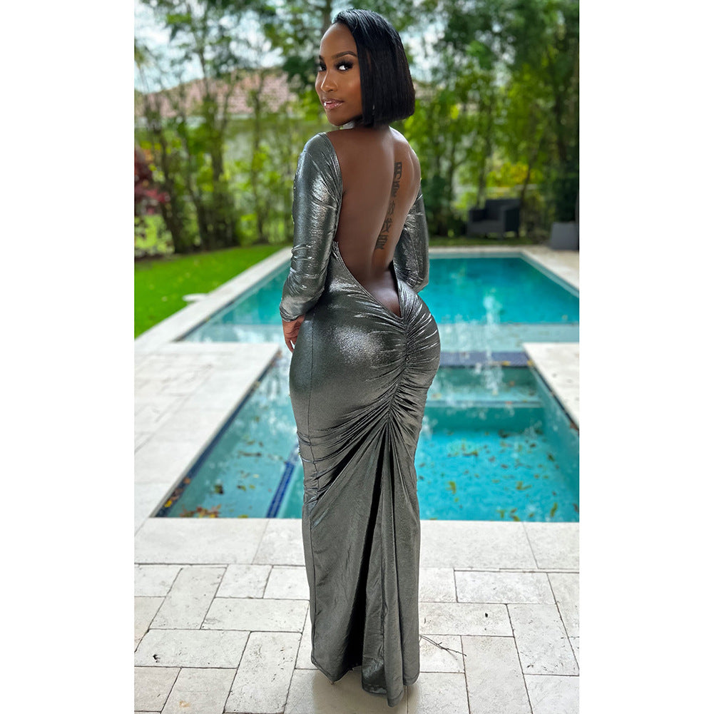 Women's Low Back Pleated Solid Long Sleeve Dress 4