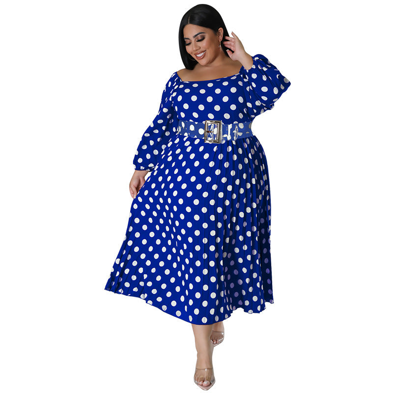 Plus Size Women'S Polka Dot Print Long Sleeve Pleated Dress With Belt 7