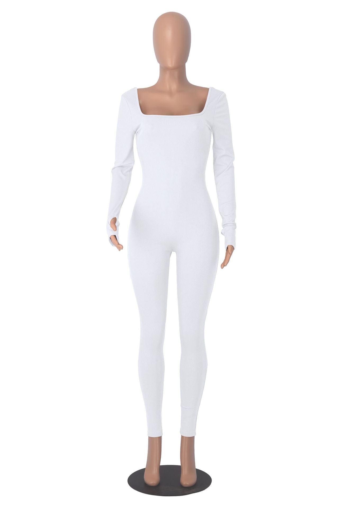 Women's Solid Color Long Sleeve Ribbed Square Neck Low Back Slim Fit Jumpsuit 37