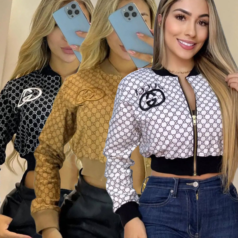 Women Printed Embroidered Ribbed Long-Sleeved Zippered Jacket 5