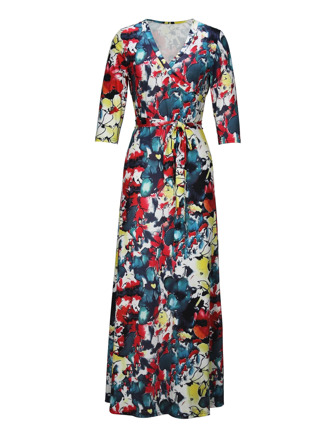 Spring & Autumn Women's Fashion Elegant Wrap V-Neck Half-Sleeve Print Belt Maxi Dress 65