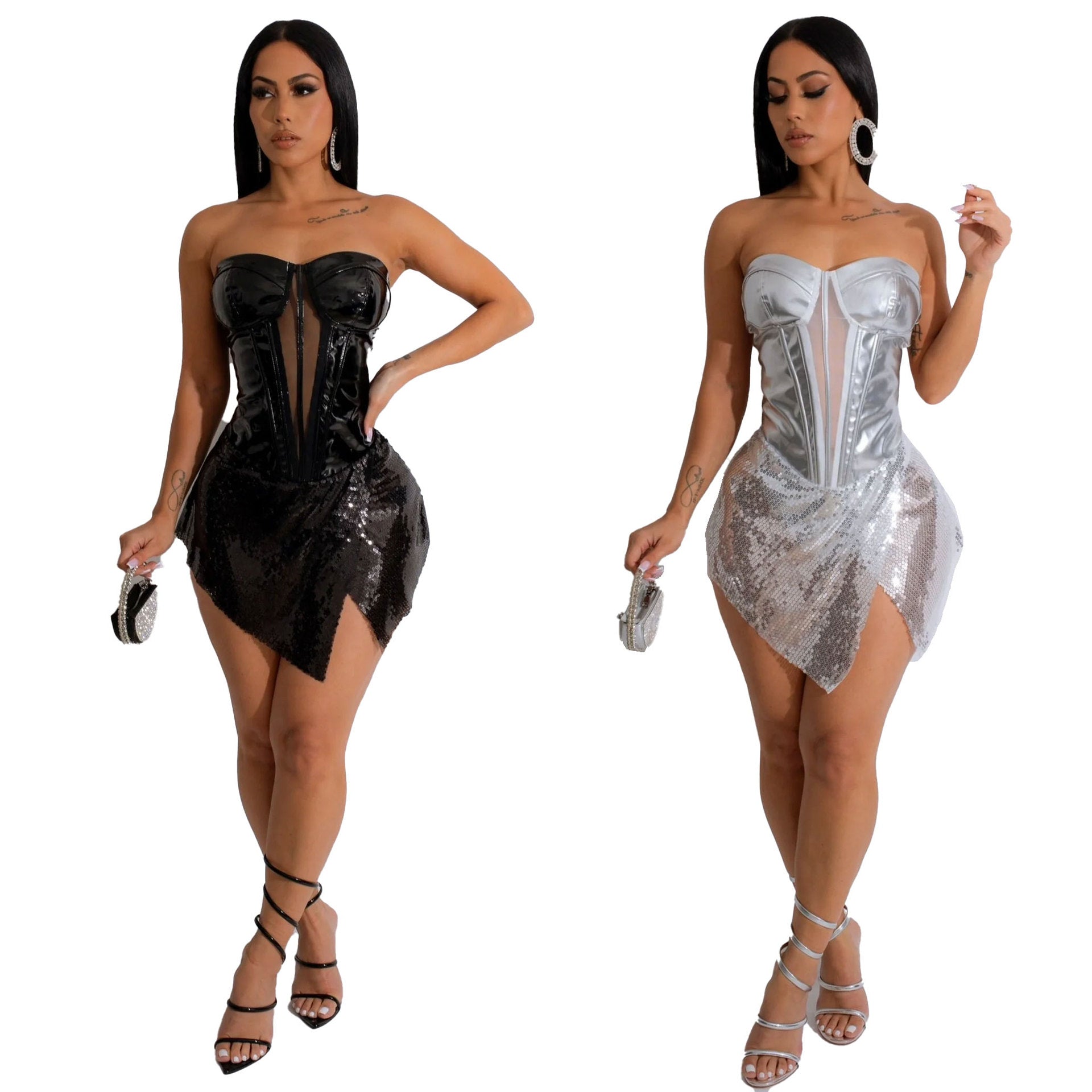 Women Sexy Sequined Mesh See-Through Irregular Slit Strapless Mini Dress 7