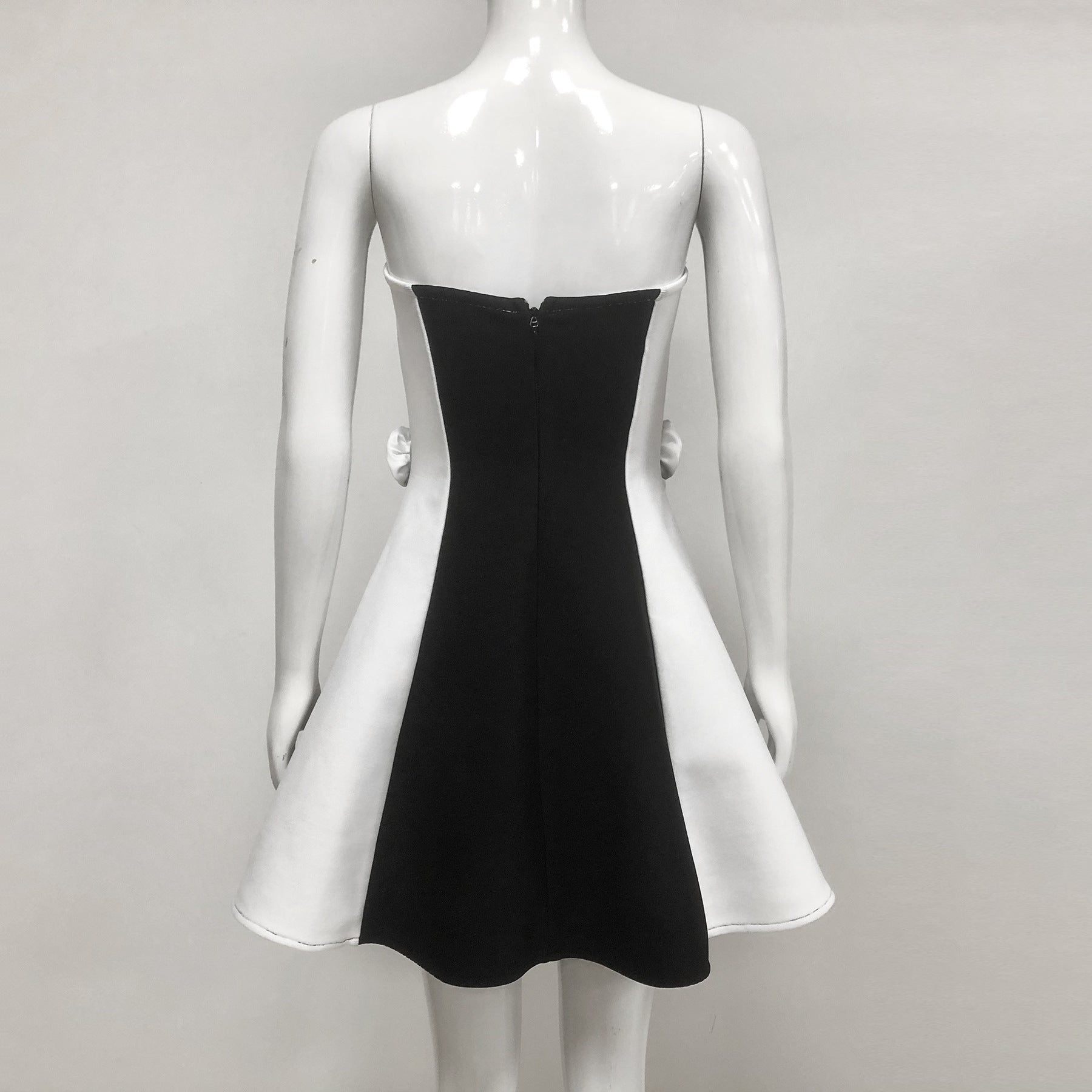 Women Strapless Sleeveless Jacquard Black and White Patchwork Dress 8