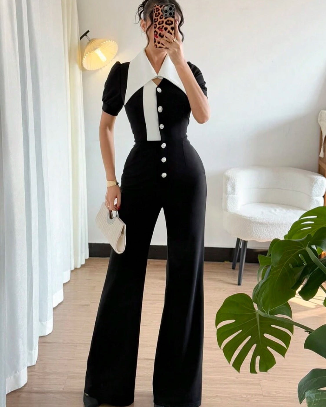 Women Fashion Contrast Sleeveless Button Jumpsuits 4