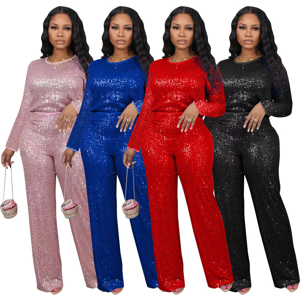 Winter And Spring Sequined Solid Color Long-Sleeved Top Trousers Two-Piece Set 6