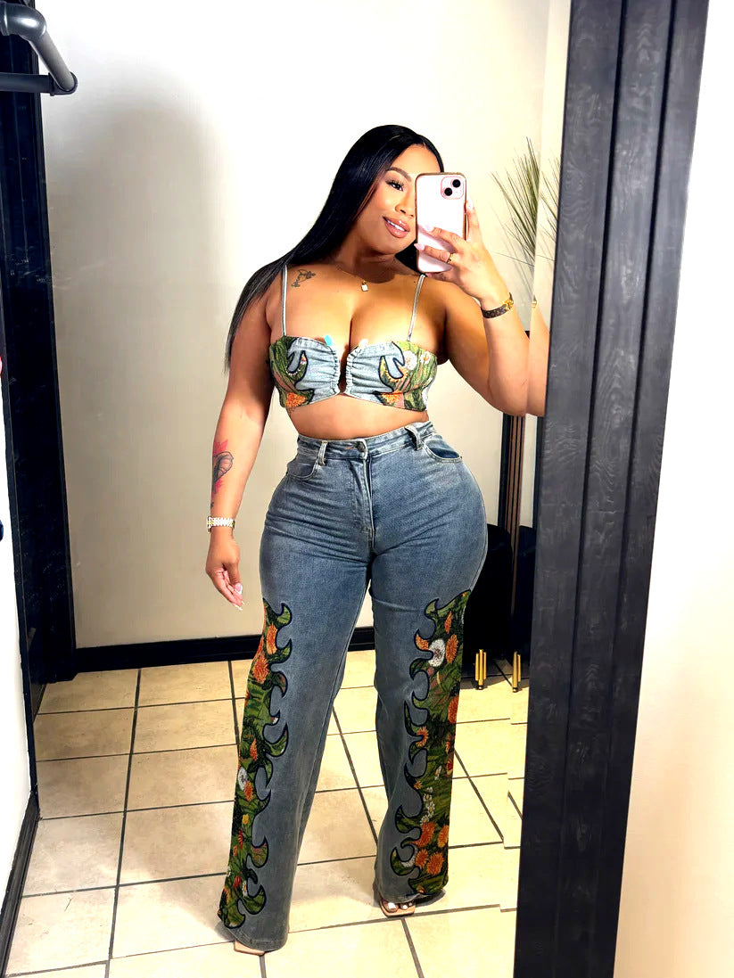 Women Sexy Floral Stretch Wrap Top and Denim Pants Two-Piece Set 11
