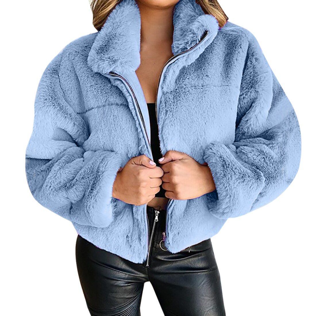 Women furry zipper warm jacket 16