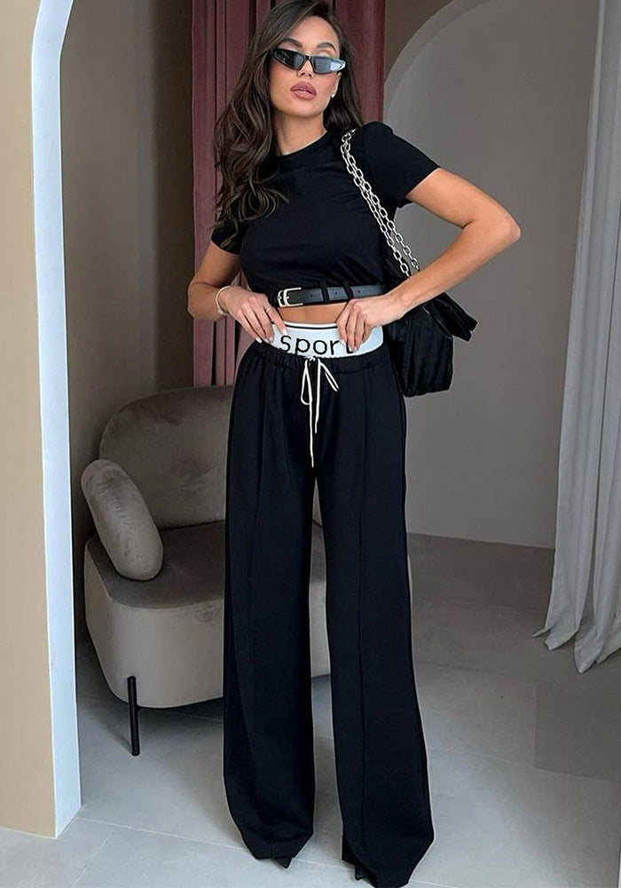Fashion Short-Sleeved Women's Spring Crop Belt Decorative Top Wide Waist Sweatpants Two-Piece Set