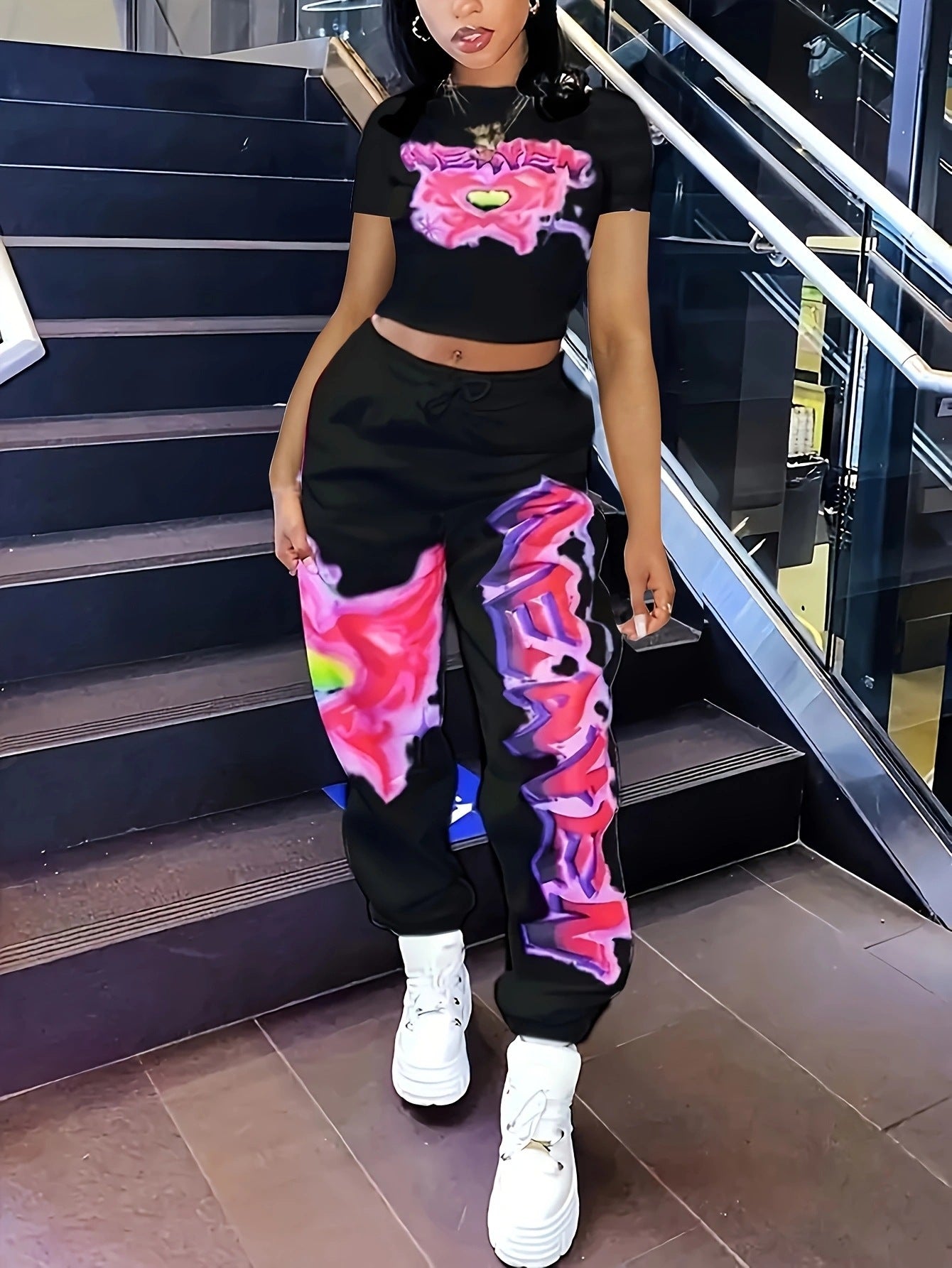 Spring Printed Fashionable Short Sleeve Two Piece Pants Set for Women 8