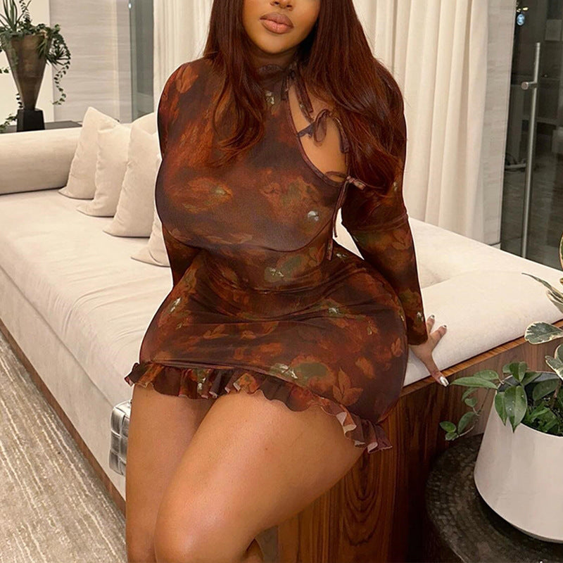 Fashion Printed Retro Long Sleeve Round Neck Hollow Lace-Up Bodycon Women's Dress 4