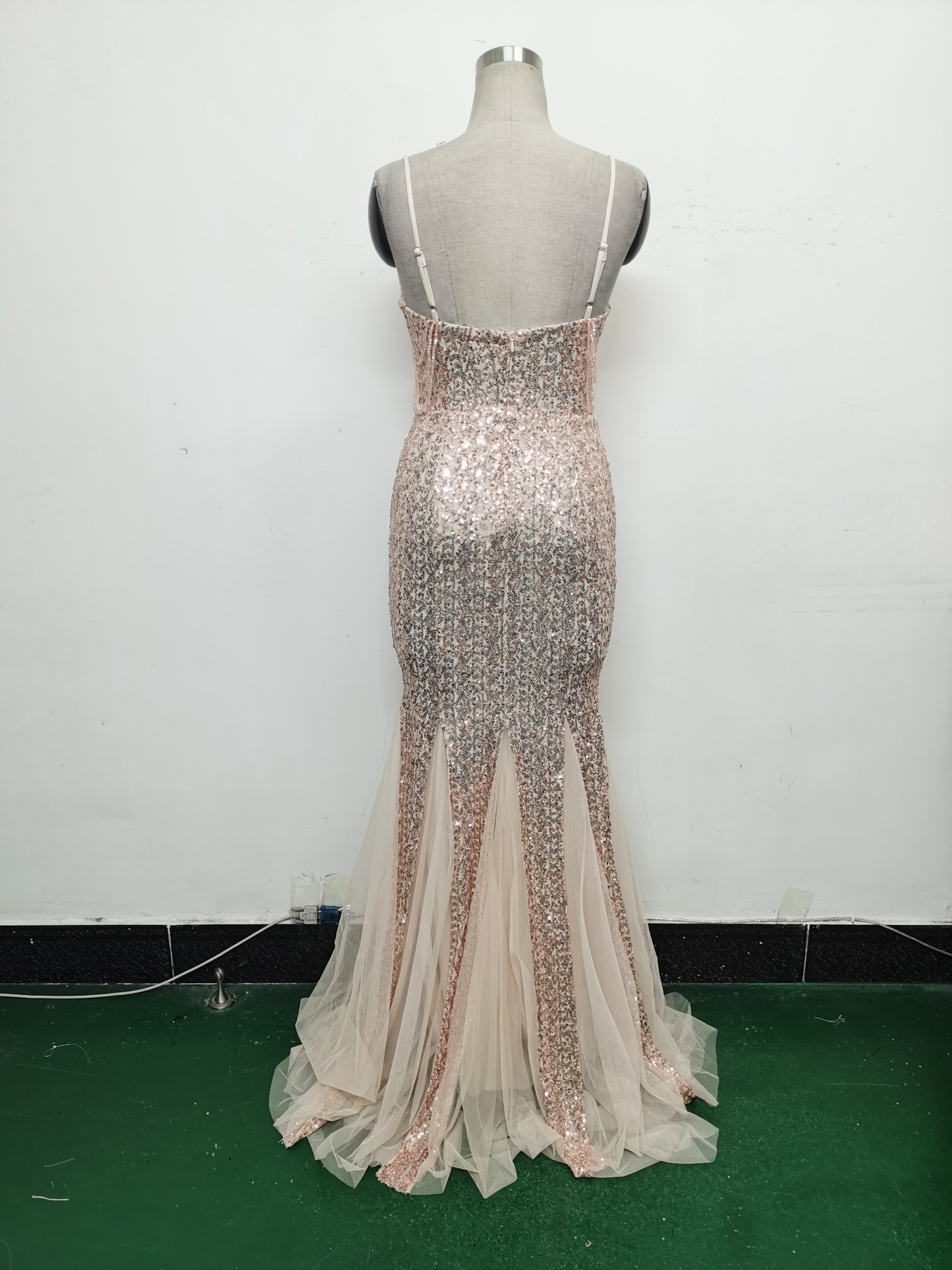 Strap Beading Mesh Sequin Evening Dress 28