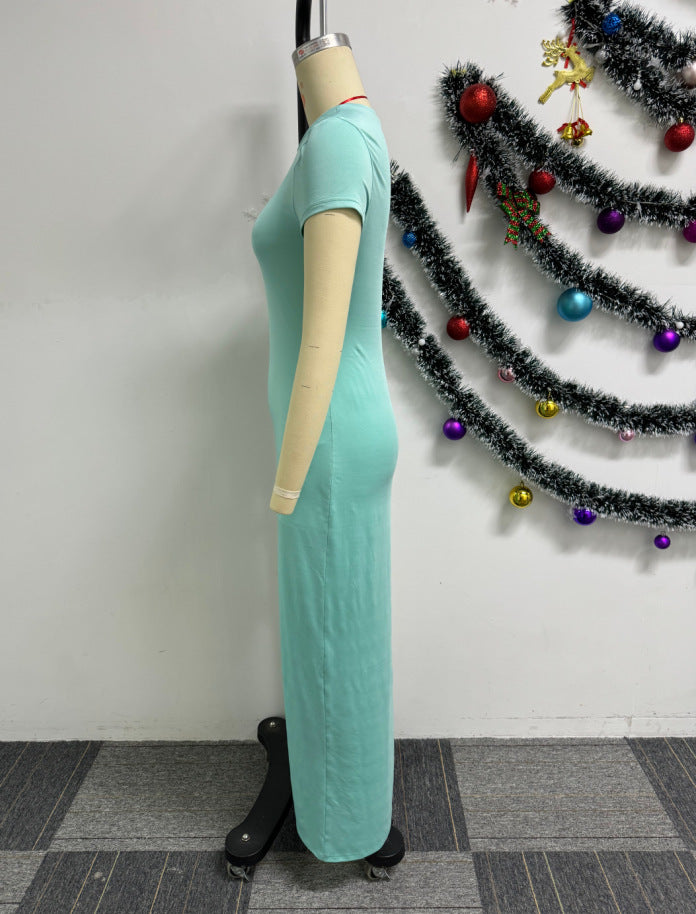 Sexy Solid Color Hollow Stretch Tight Fitting Slit Lace-Up Midi Dress Shorts Two Piece Set 11