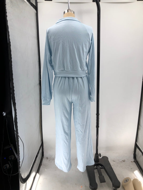 Women Fall/Winter Solid V-Neck Long Sleeve Casual Top and Pants Two-Piece Set 28