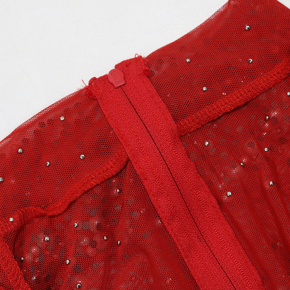 Fashionable Round Neck Mesh sequined long-sleeved top high slit skirt two-piece set for women 16