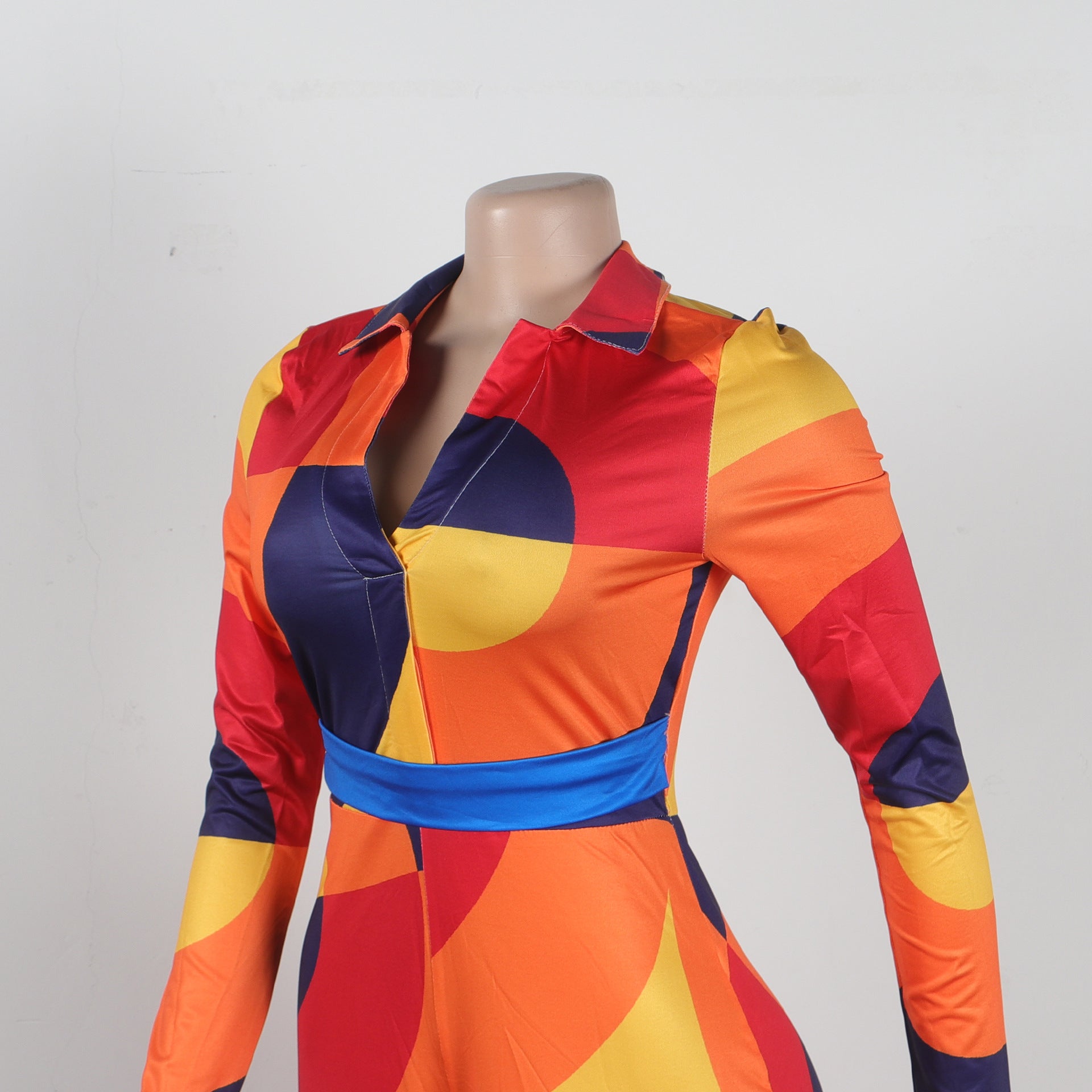 Sexy Slim Deep V Printed Wide Leg Turndown Collar Slim Waist Long Sleeve Jumpsuit 17