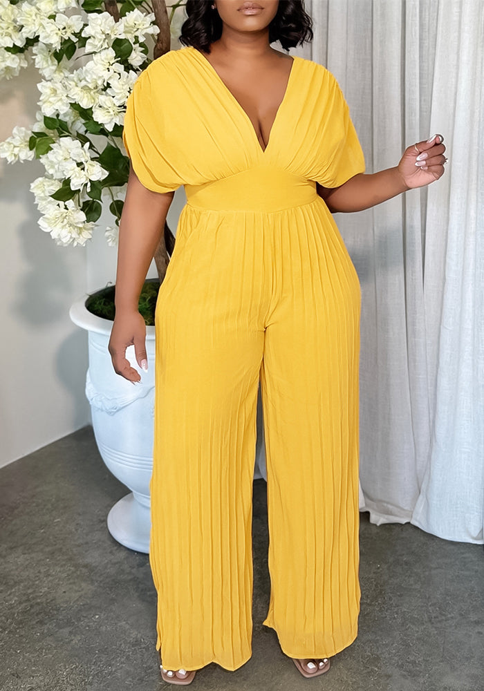 Women's V Neck Solid Color Pleated Jumpsuit