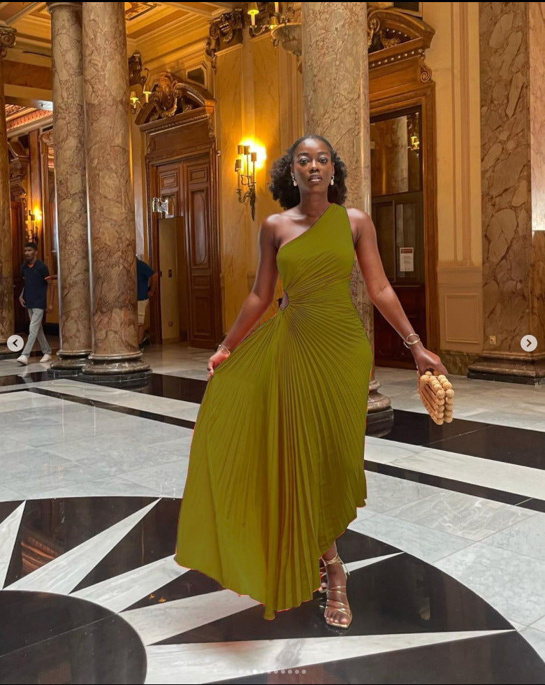 Elegant Slim Fit One Shoulder Cutout Pleated Gown Dress 9