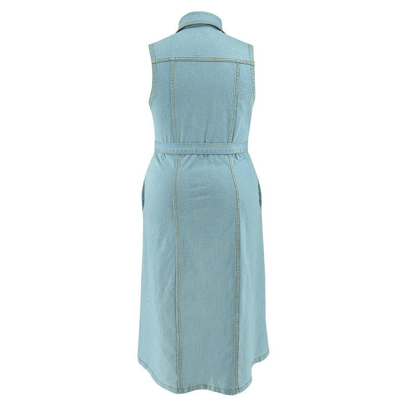 Plus Size Women's Turndown Collar Sleeveless Button Belt Denim Long Dress 8