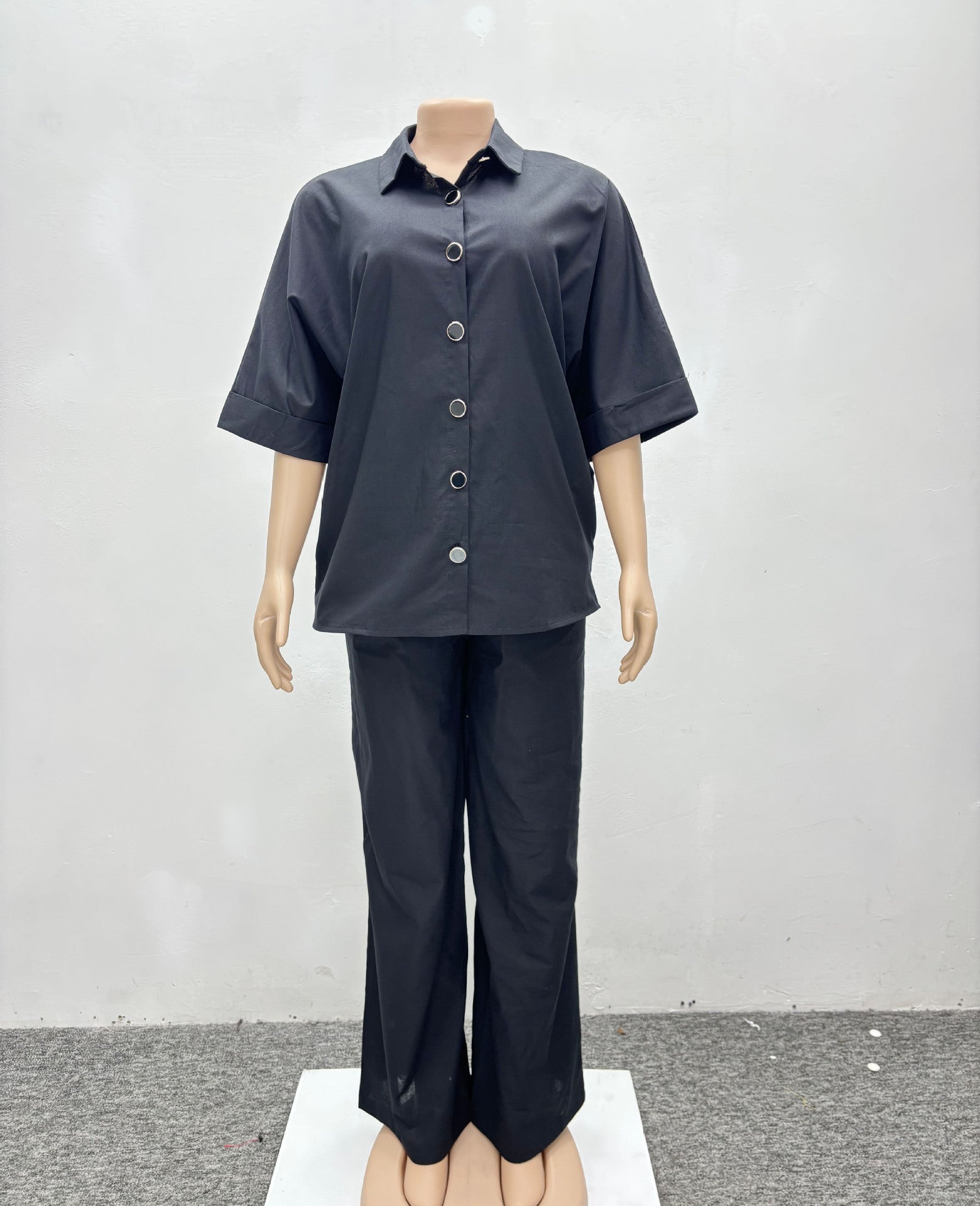 Fashion Spring Summer Casual Shirt Wide Leg Trousers Women Two-Piece Set 9