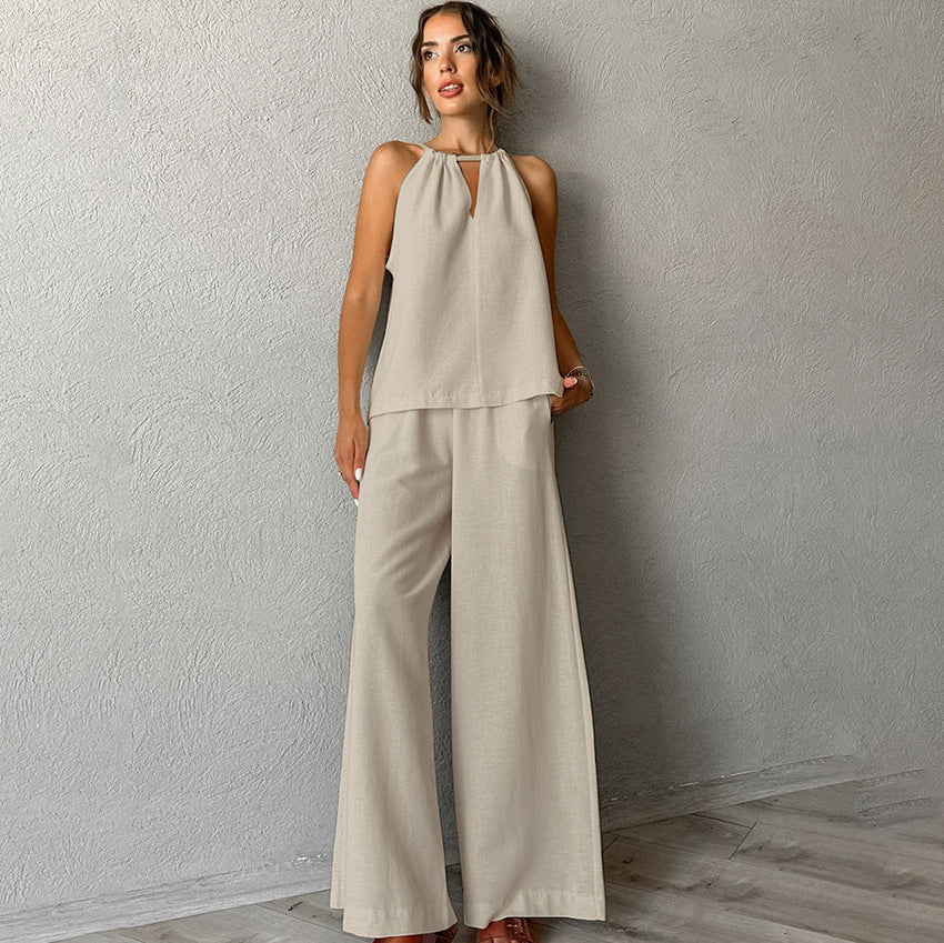 Women Summer Solid Lace-up Casual Top and Pant Two-piece Set 6