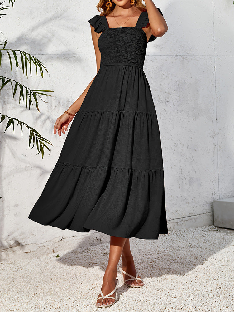 Women Ruffled Flying Sleeve Tank Top Cascading Ruffles French Dress