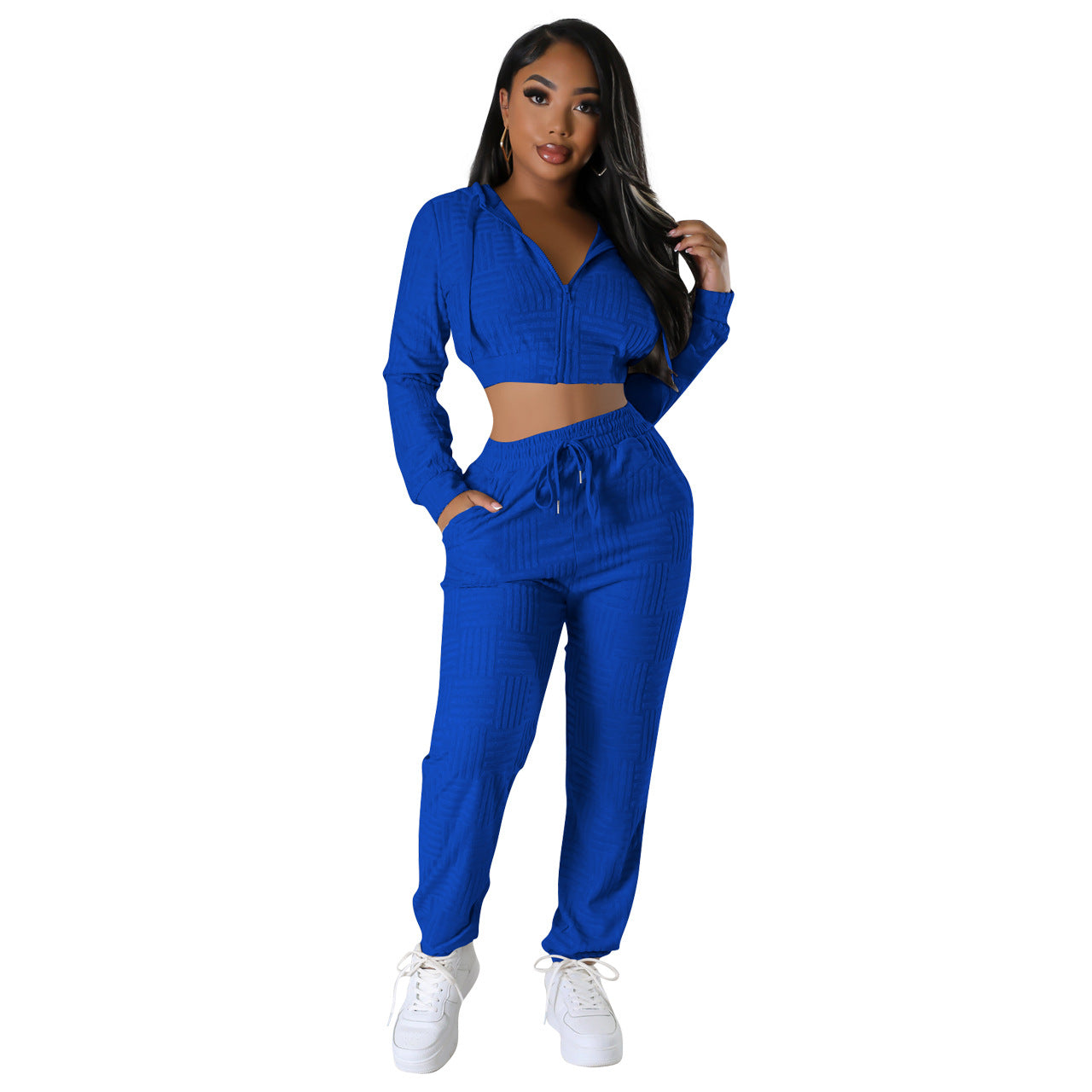 Women's Clothing Fashionable Solid Jacquard Zipper Hoodie Sweatpants Two-Piece Set 11