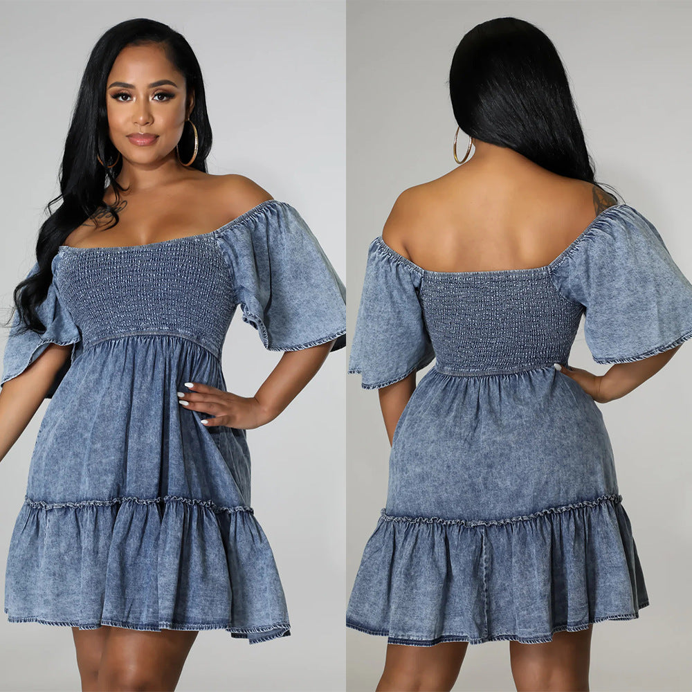 Summer Casual Off Shoulder Short-Sleeved Loose Denim Dress