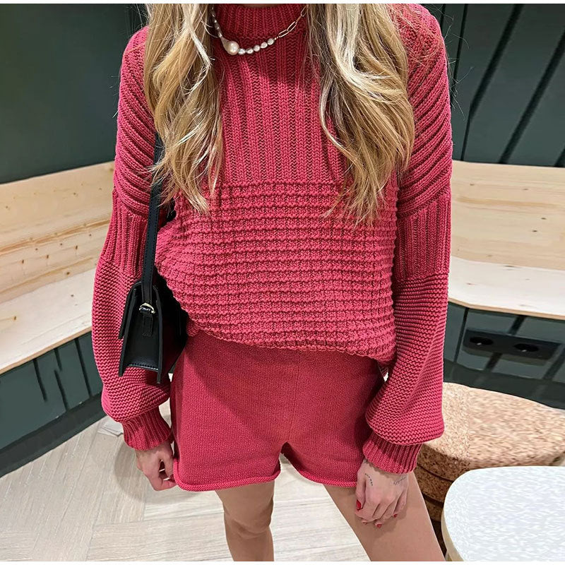 Fashion Autumn Winter Knitting Round Neck Long Sleeve Loose Casual Two-Piece Shorts Set