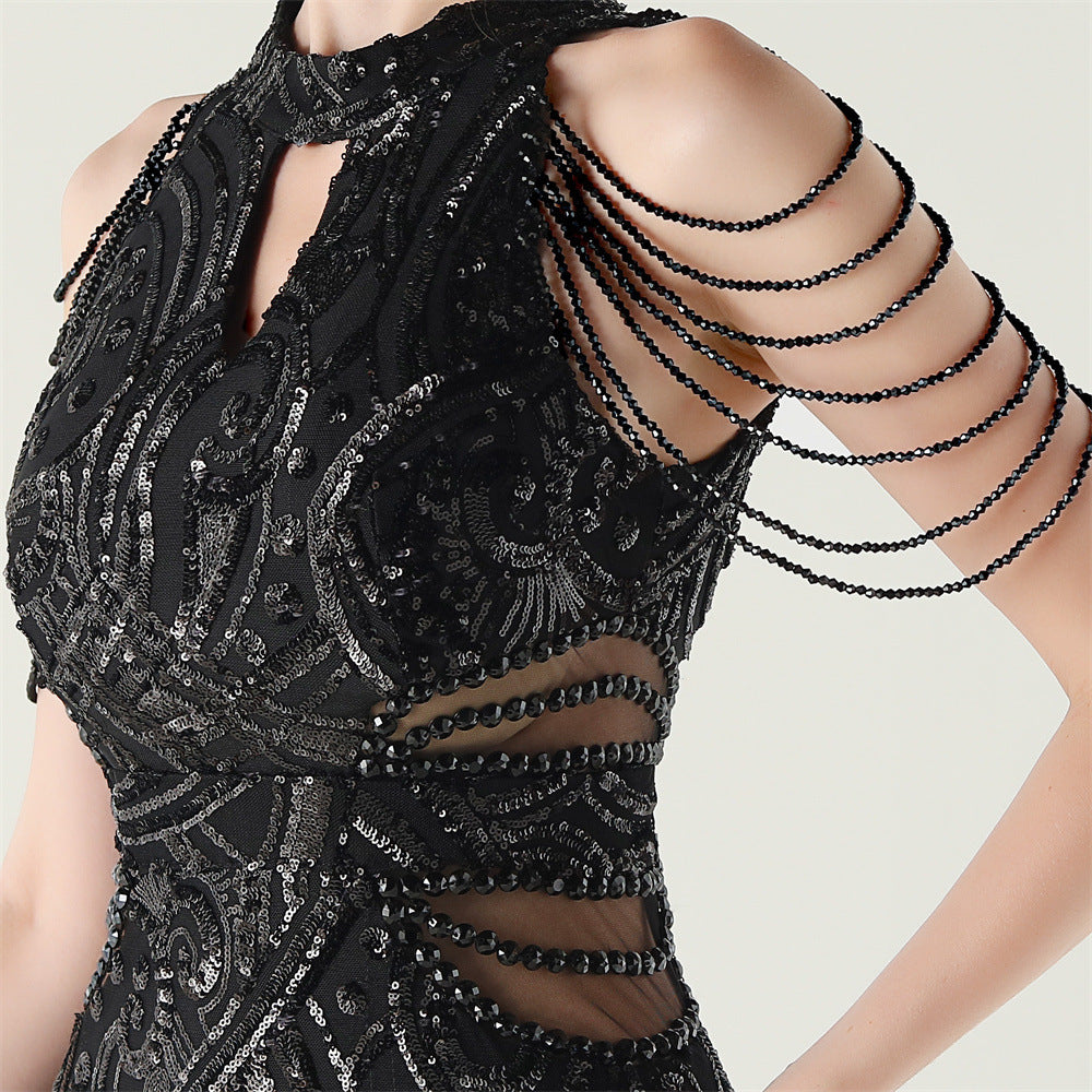 Women beaded chain shoulder sequin halter neck formal party evening dress 18