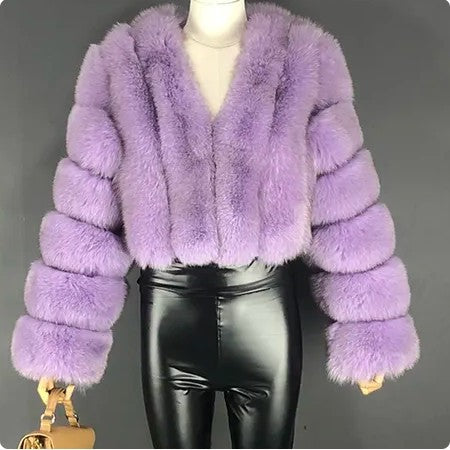 Women Winter Warm Patchwork Crop Long Sleeve Faux Fur Jacket 10