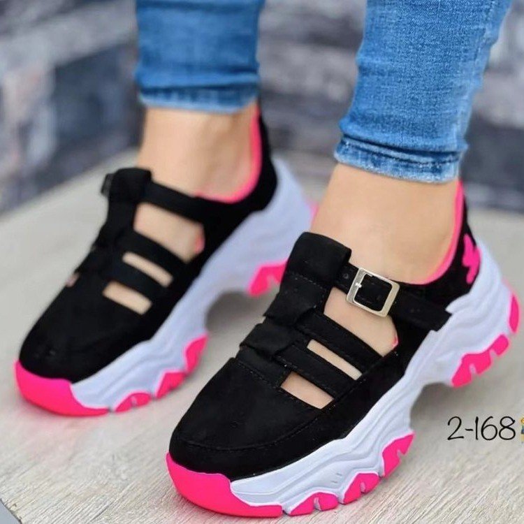 Women Round Toe Platform Low Top Buckle Flat Sneakers 13