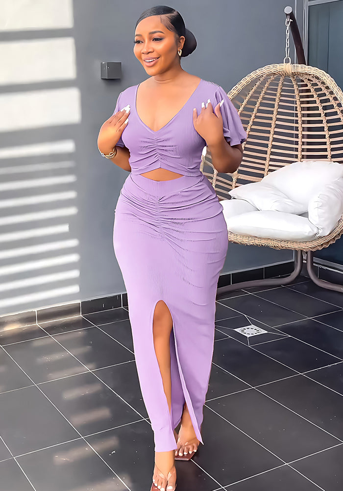 Women Ruffle Sleeve Crop V-Neck Top and Slit Bodycon Skirt Two-Piece Set