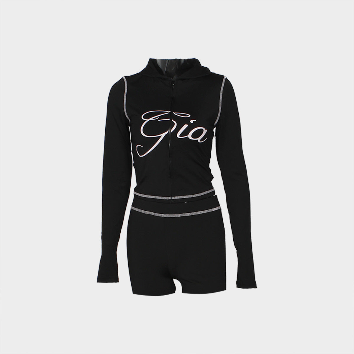 Fashion retro print slim elastic hooded sports style long sleeve top shorts women Two Piece Set 13