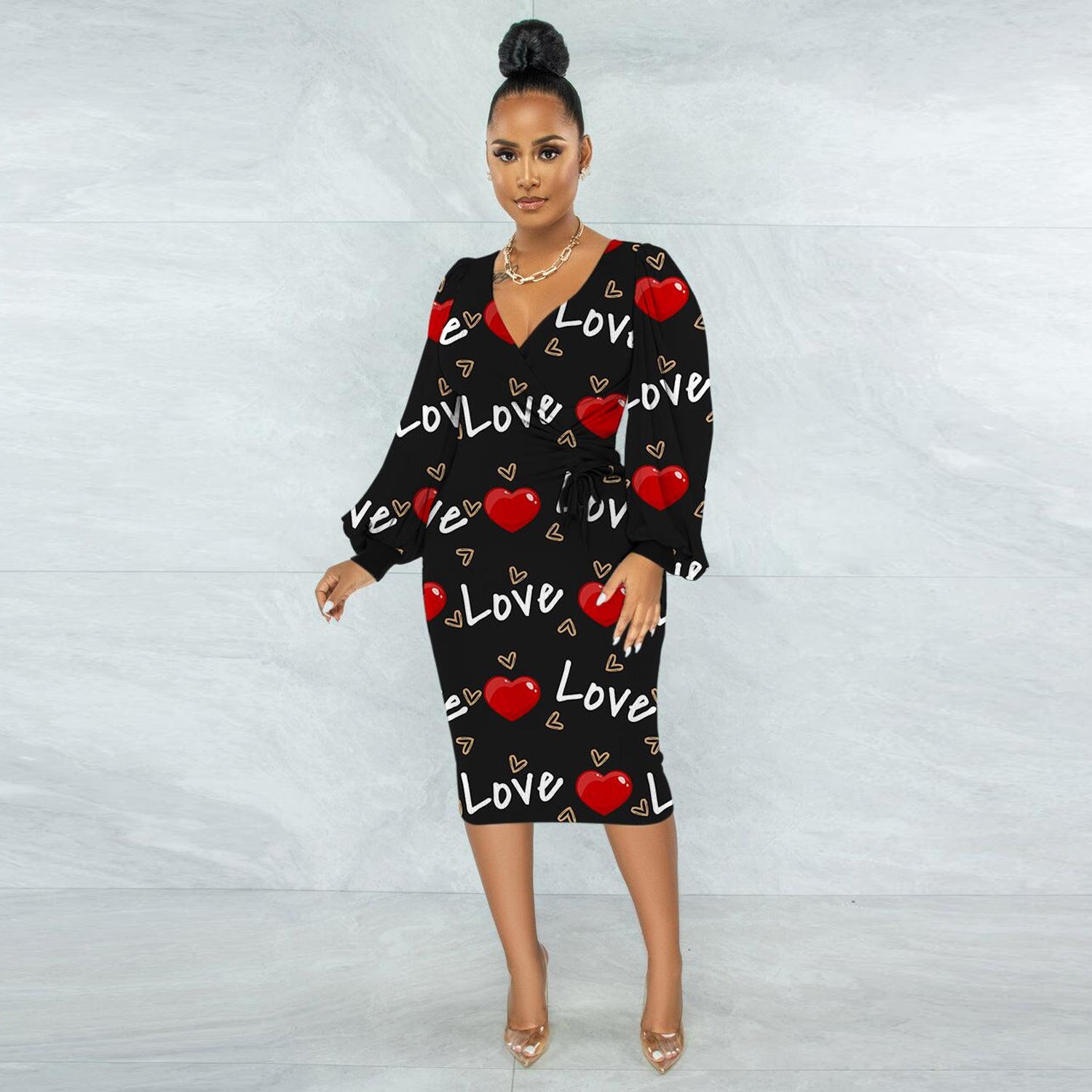 Sexy Plus Size Slim Print V-neck Midi Dress 5