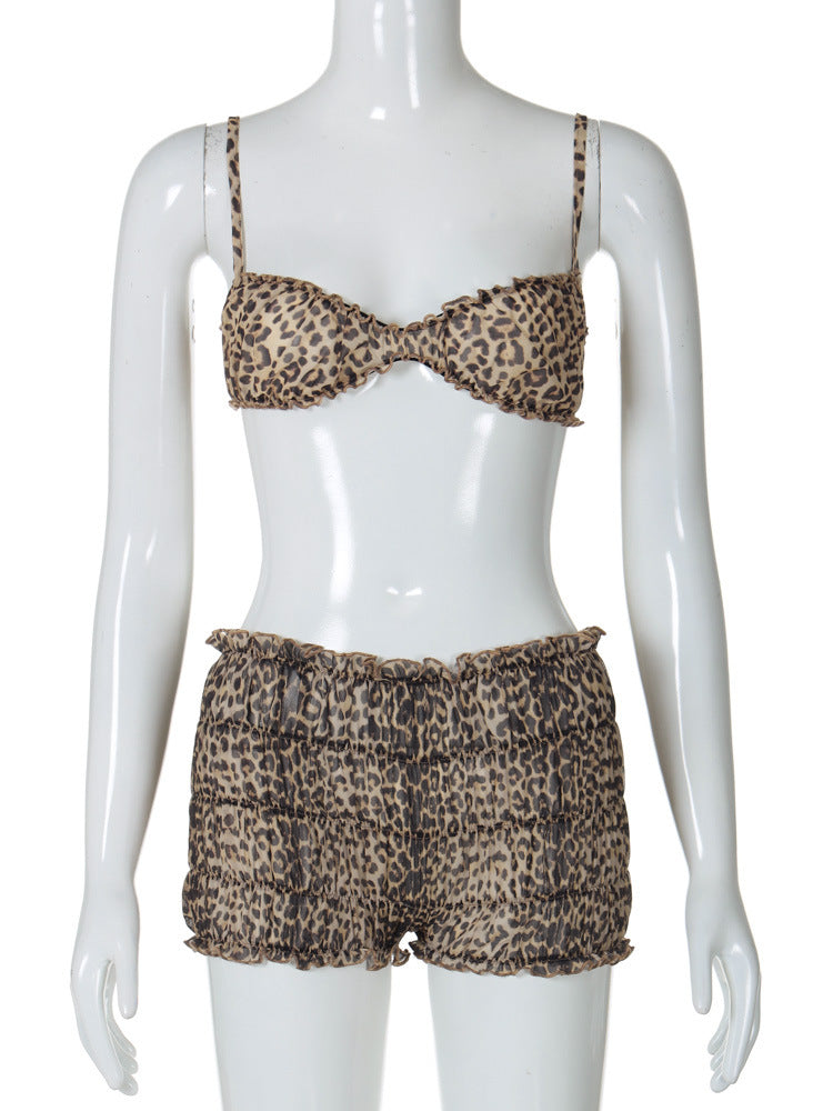 Women summer sexy leopard print lace Halter Neck Top And Ruffles shorts two-piece set 6