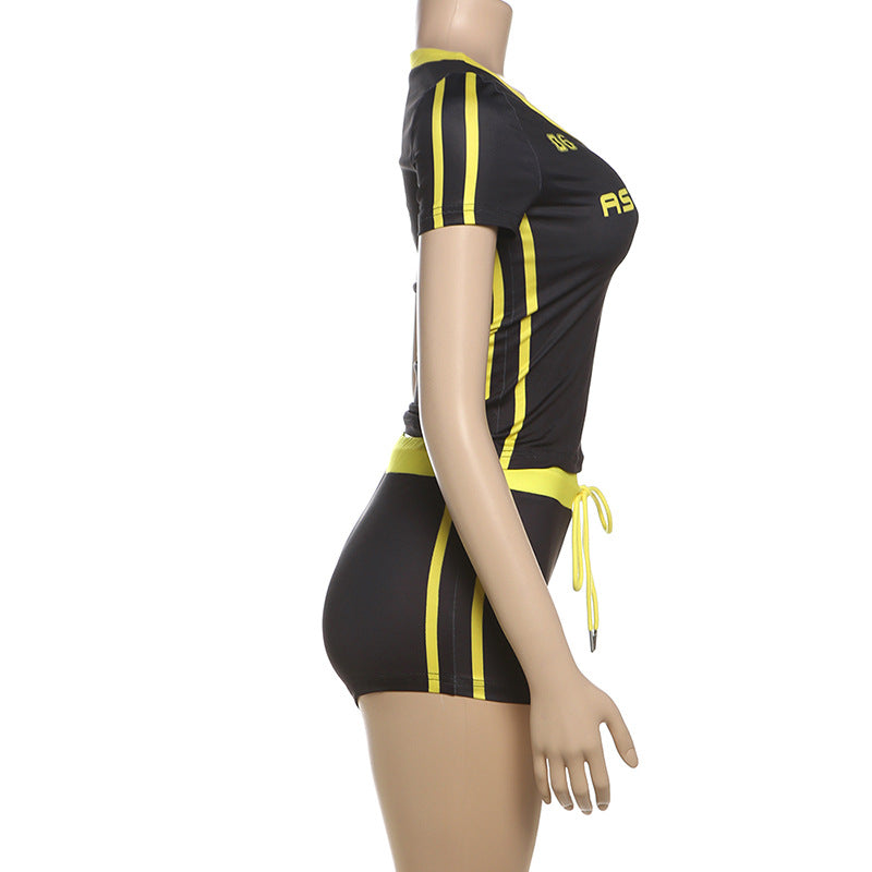 Summer Street Fashion V-Neck Short Sleeve Tight-Fitting Sports Two Piece Shorts Set 11