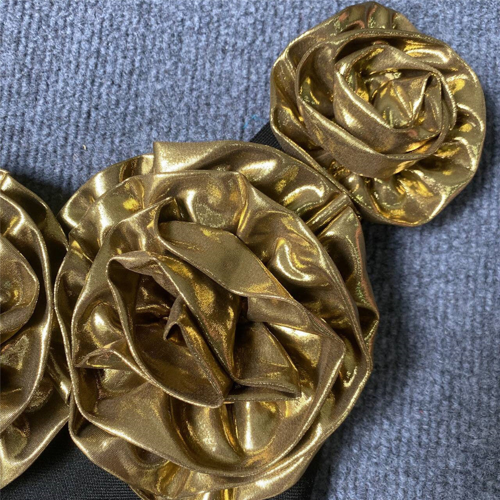 Women elegant party golden flower one-shoulder Bodycon bandage dress 16