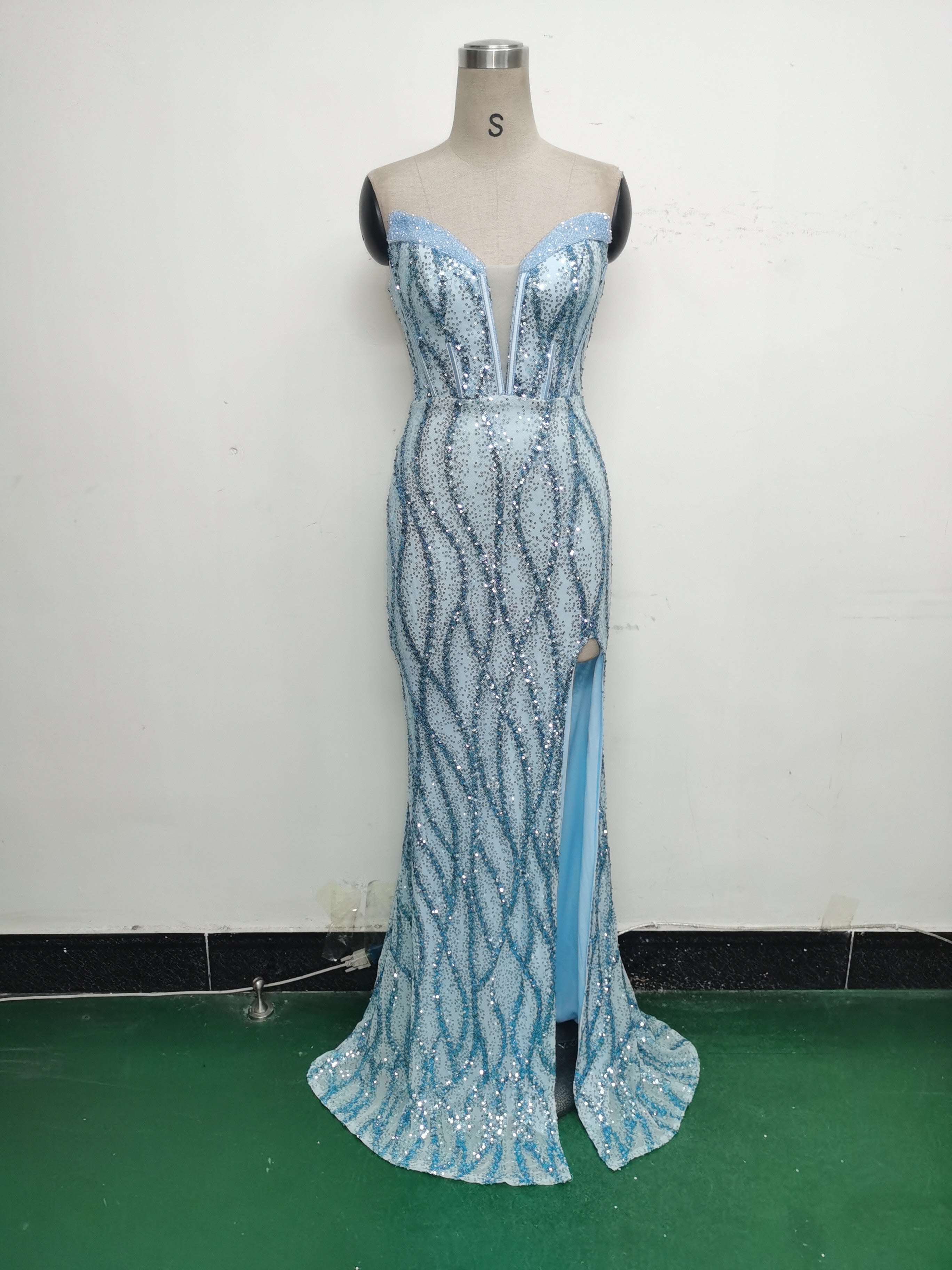 Fishbone Slim Waist Heart Neck Sequin Evening Dress Luxury Formal Party Gown 38