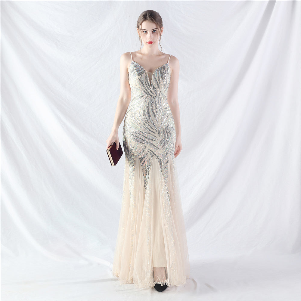 Sequin Patchwork Mesh Strap evening dress 3