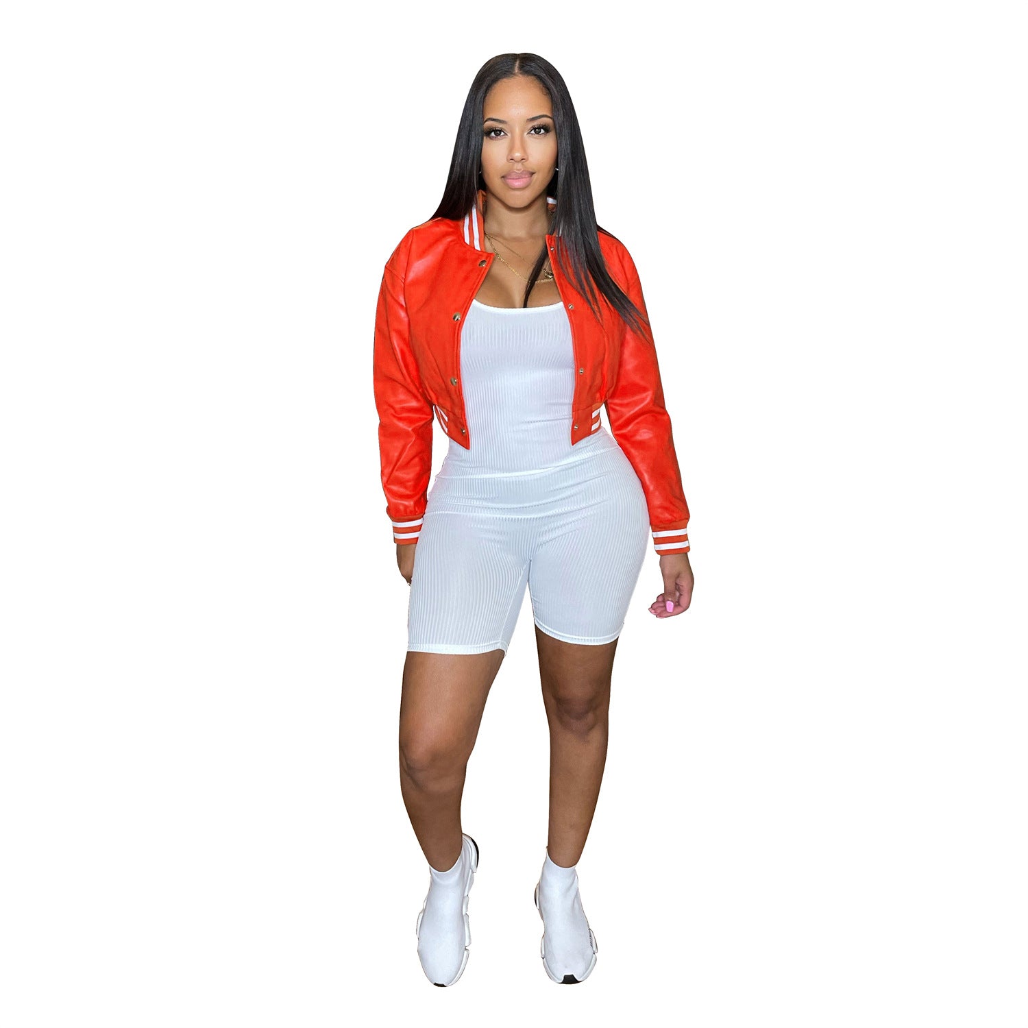 Women's pu Leather Jacket Baseball Jacket Long Sleeve Autumn Winter 3