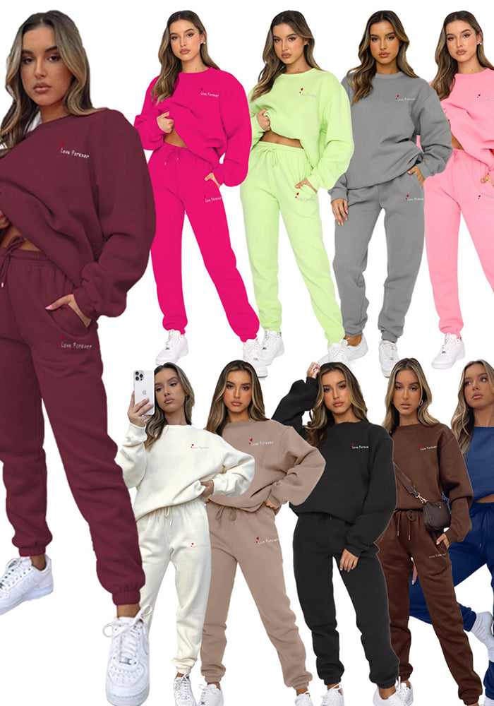 Women Autumn/Winter Printed Round Neck Long-Sleeved Top and Pants Two-Piece Set