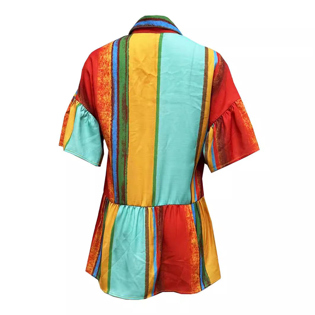 Women Loose Printed Multi-Color Top Short Sleeve Shirt Dress 5